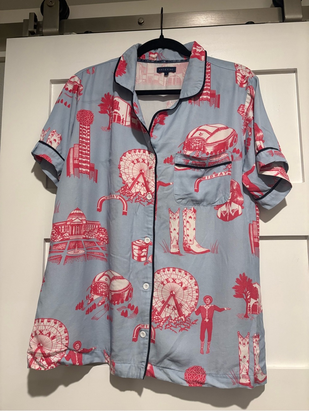 Katie Kime Light Blue and Pink Printed Button-Up Top